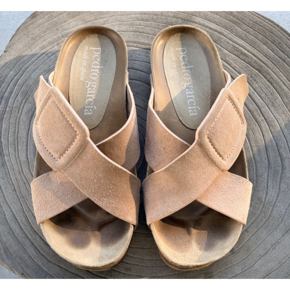 Pedro Garcia Suede Slide Sandals Womens 38/8 Taupe Cork Footbed Spain